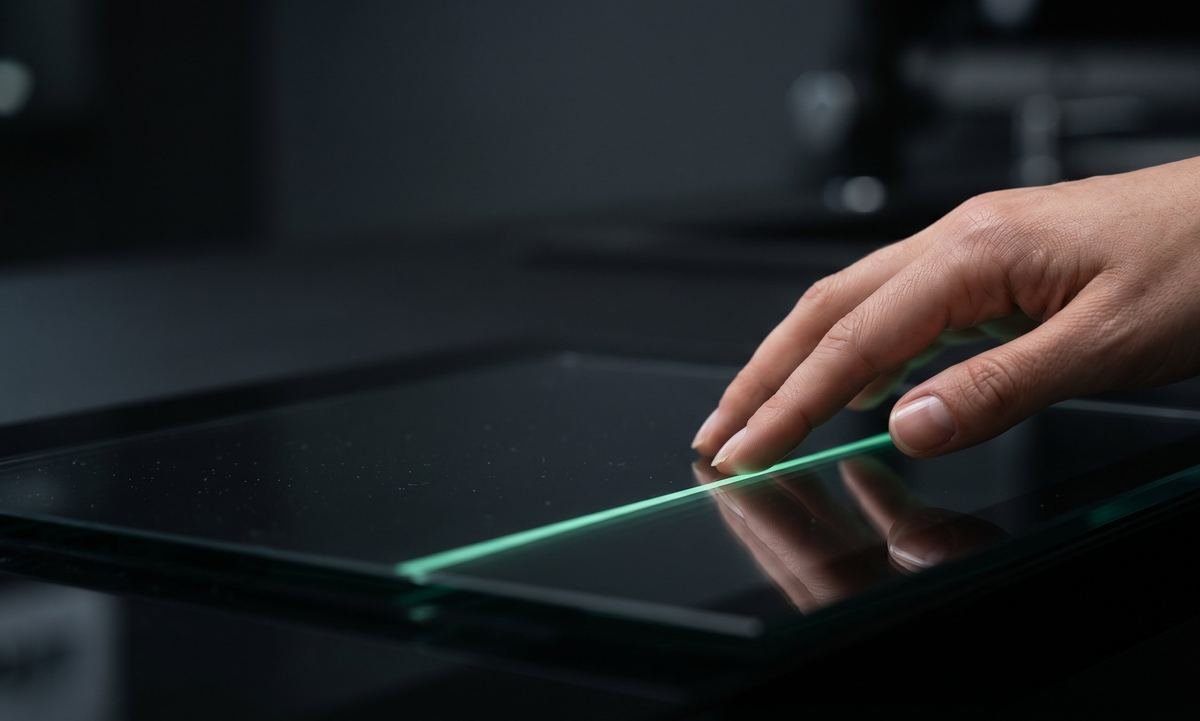 Interfaz táctil iluminada, representando interacción con sistemas de IA